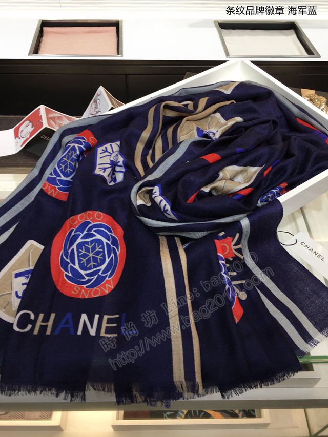 CHANEL圍巾 秋冬新款 條紋品牌徽章 香奈兒頂級純山羊絨女圍巾  llwj6744